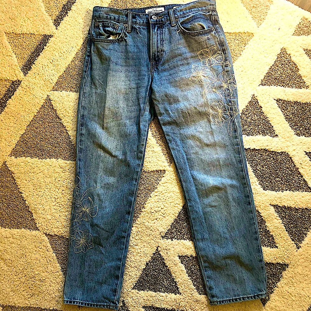 Lucky Brand Boyfriend Jeans With White Flower Outlines - Size 4 / 27